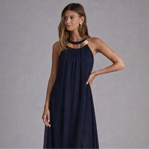 Blue Halter Maxi Dress with Gold Colored Necklace-wedding guest, vacation, beach